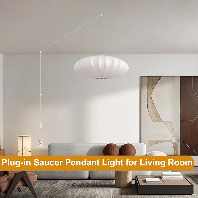 20in Plug in Pendant Light Lantern, White Imitation Silk 3-Light | Plug in Hanging Lamp Wabi Sabi Japanese Bubble Saucer Pendant Chandelier for Living Dinning Room Kitchen Island Bedroom 1PK