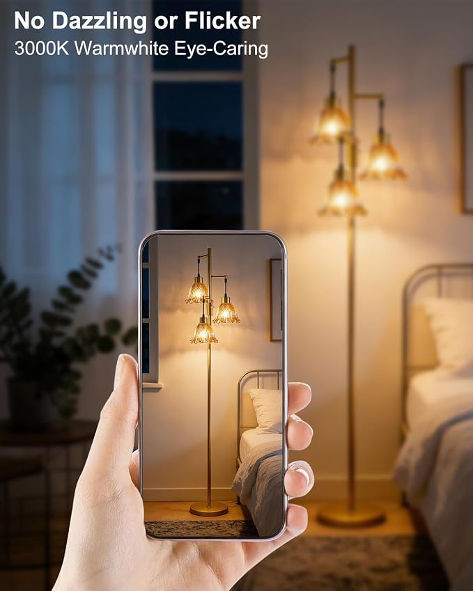 Lightdot Glass Floor Lamps for Living Room, 3-Light Dimmable Floor Lamp with Amber Glass Shade& E12 Bulbs Included, Mid Century Standing Tall Lamp with 5Lbs Heavy Base for Bedroom/Sofa Beside-Gold