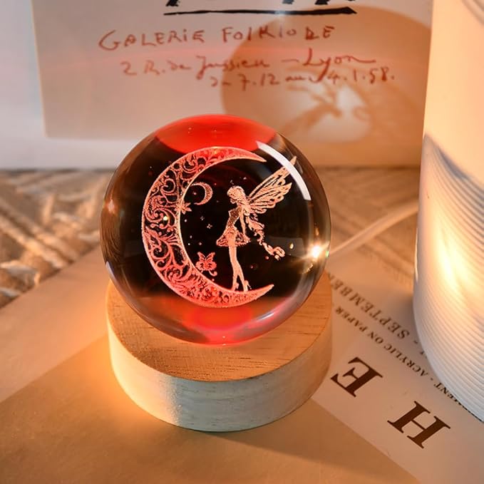 Moon Fairy Crystal Ball Decorative Ball 60mm Fairy Glass Sphere Decor 3D Dreamy Engraving Gifts for Girls Women Fairy Lovers Wedding Gift with Light Base