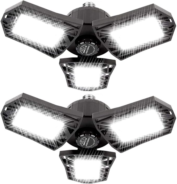 Deformable LED Garage Light - 6000 Lumen 6500K Daylight 60W, Three Leaf Garage Organization Ceiling Lighting, Pack of 2
