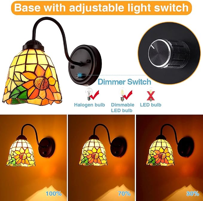 Tiffany Bedside Wall Mount Lamp with Dimmable Switch, Industrial Vintage Gooseneck Wall Sconce with Plug in Cord, Flowers Stained Glass Shade Wall Light Perfect for Bedroom, Living Room and Hotel