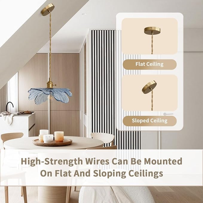 Vintage Glass Pendant Light Gold Brushed Brass Hanging Light with Blue Flower Glass Shade, Farmhouse Pendant Lighting for Kitchen Dining Room Bedroom, 1-Light