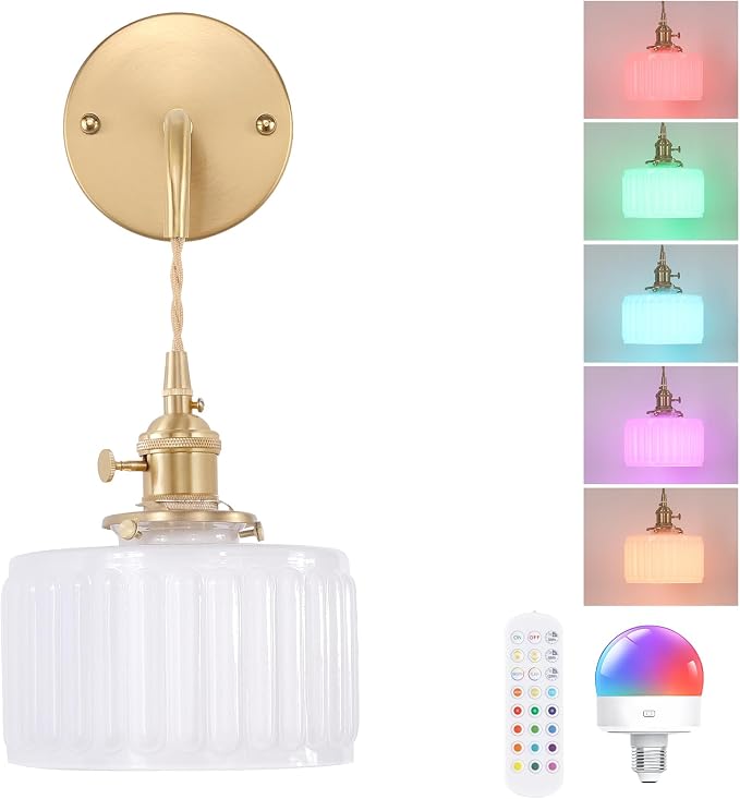 Shenmoyl Battery Operated Wall Sconce with White Striped Shade Pattern Glass Adjustable Chain Retro Gold Wall Mounted Light, Modern Wall Lamp Fixtures Decor for Bedside Bedroom Indoor Doorway