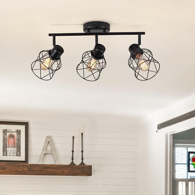 3 Lights Adjustable Multi-Directional Black Light Fixtures, Semi Flush Mount Ceiling Light, Kitchen Light Fixtures, Track Lighting Fixtures Metal Cage Industrial Spotlight Fixtures for Dining Room