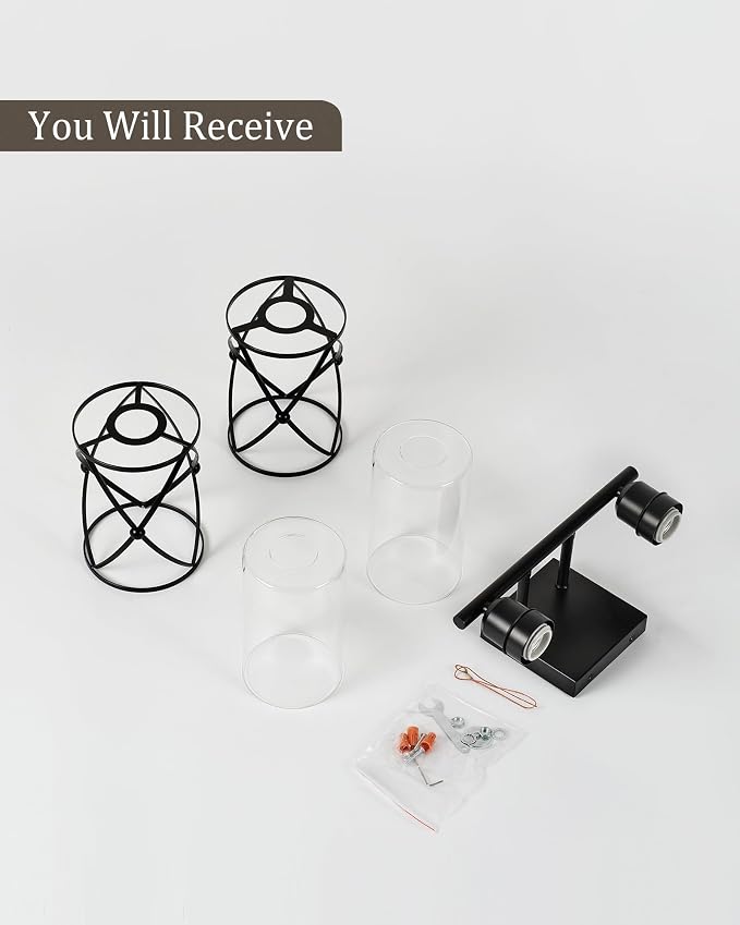 2-Light Black Bathroom Light Fixtures, 13.8 Inch Modern Bathroom Vanity Lighting Fixtures Over Mirror with Clear Glass and Metal Cage Wall Sconce Lights for Bath, E26, CH9176BK-2W