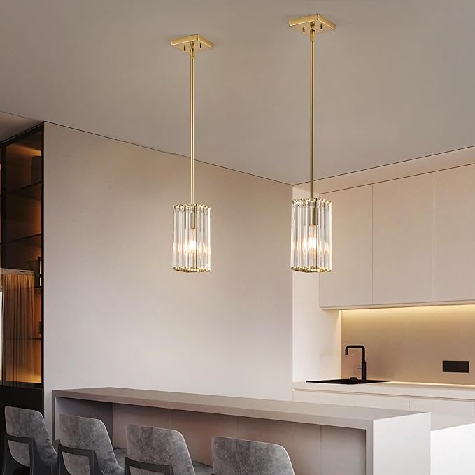Modern Crystal Pendant Lights Kitchen Island, 2-Pack Brushed Gold Hanging Light with Clear Crystal Shade, Adjustable Height Pendant Lighting for Kitchen Island Dining Room Bedroom Bar Entryway