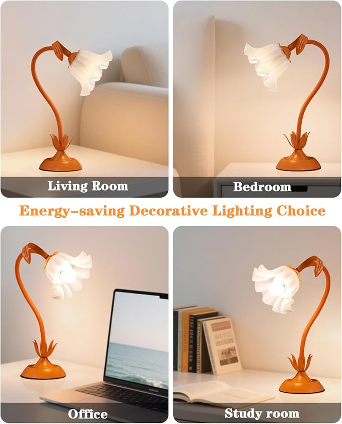 Flower Table Lamp, LED Reading Light Vintage Bedside Table Lamp with 3 Color Modes for Nightstand, Kawaii Decoration for Home Bedroom Living Room (Orange)