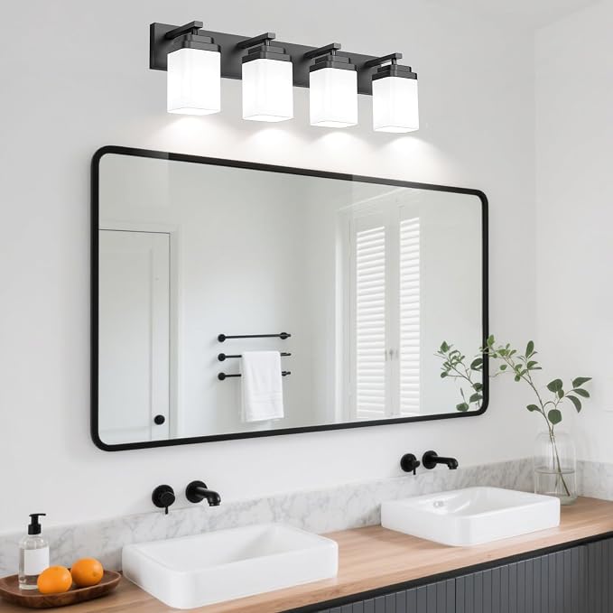 Matte Black Bathroom Light Fixtures, 4 Lights Bathroom Lighting Fixtures Over Mirror, Square Design & Rectangle Large Backplate, Modern Vanity Lighting Fixtures, for Living Room/Bedroom