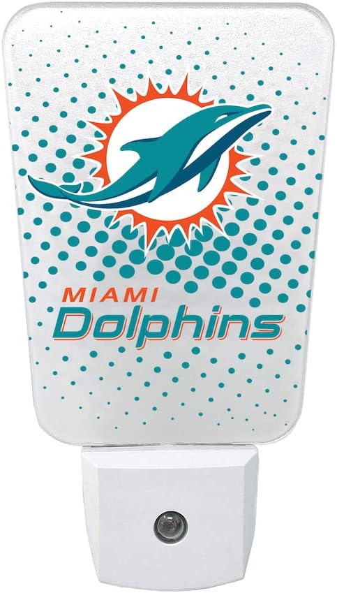 Party Animal NFL Team LED Night Light, with Auto Sensor and 3 Light Settings, Slim 5-Inch Design fits Standard Outlets, Miami Dolphins