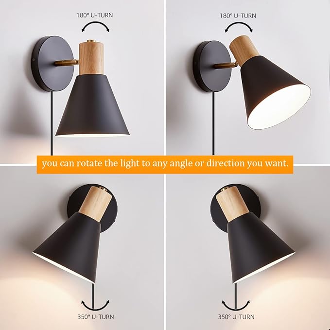 ClanKin Plug in Wall Sconces Lighting for Bedroom, Black Dimmable Wood Style Wall Sconce Reading Lamp, Adjustable Wall Light for Bedroom Hallway Living Room (Black-Plug in, 1)