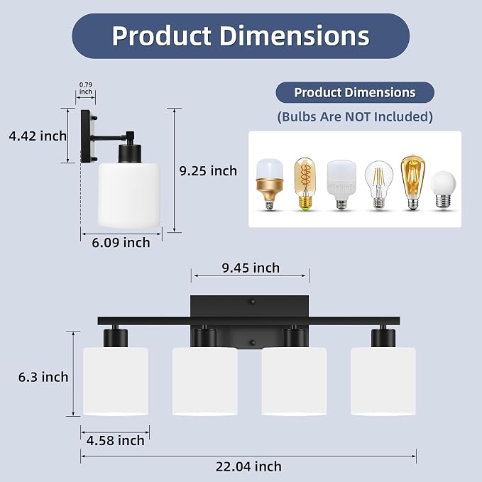 SILAMPDI 4-Light Bathroom Vanity Light Fixtures Over Mirror Matte Black | Modern Milky White Frosted Glass Shades, Anti-Rust Finished, Wall Sconce for Bedroom Restroom, E26 Socket, Easy Installation