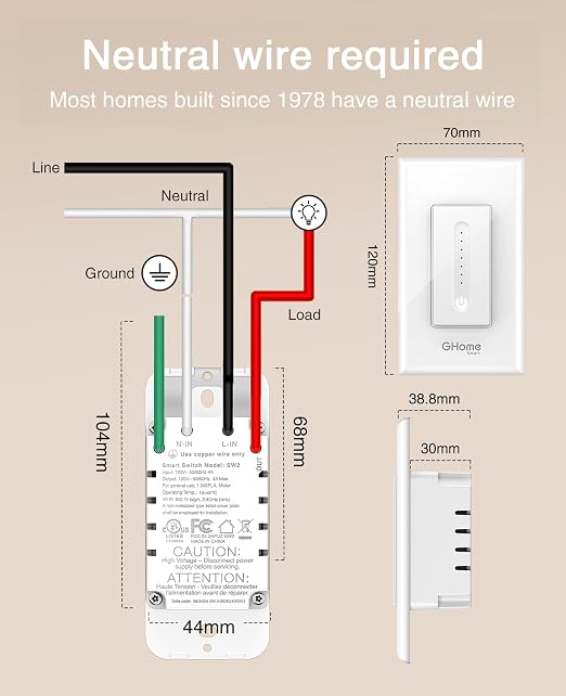 GHome Smart Dimmer Switch, Single Pole, 2.4GHz WiFi Dimmer Light Switch Works with Alexa and Google Home, Voice & APP Remote Control | Timer & Schedule | UL FCC Certified, Neutral Wire Required, White