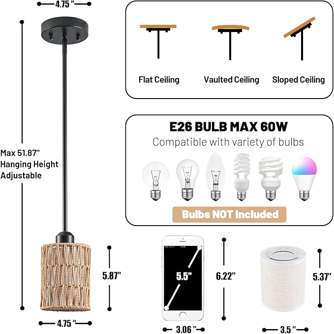 Pendant Light Boho Hanging Lamp - Rattan & Linen 2-in-1 Shade, Adjustable Hanging Lights Fixture for Kitchen Island, Dining Room, Farmhouse, Bedroom (1 Pack)