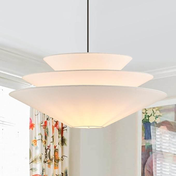 24” Large Off White Linen Fabric Pendant Light 3-Layer Modern Chandelier Adjustable Industrial Pendant Lighting Fixtures for Kitchen Island Dining Room Entryway, UL Listed