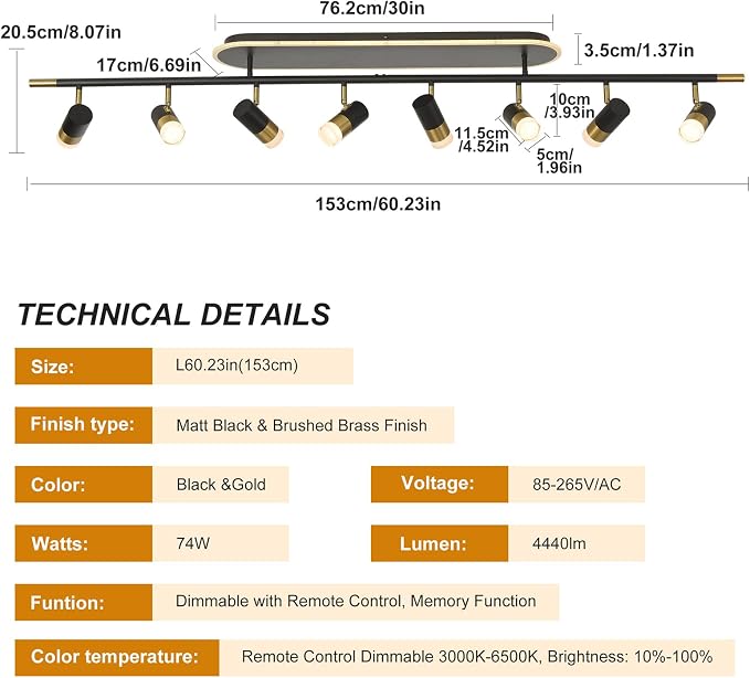 Jaycomey 8-Light LED Track Lighting Fixtures Ceiling, 74W Dimmable Ceiling Spotlights with Remote, 3000K-6500K Adjustable Modern Ceiling Light for Living Room, Dining Room, Bedroom, Black Gold