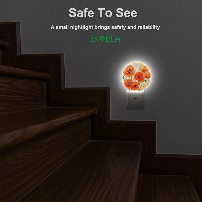 EKOBLA Poppy Flower Night Light, Vintage Red Orange Floral Night Lights Plug Into Wall with Dusk to Dawn Sensor for Hallway