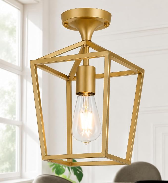【Upgraded】Semi Flush Mount Ceiling Light,Gold Industrial Ceiling Light Fixtures, Farmhouse Light Fixture for Hallway Stairway Garage Living Room Dining Room Balcony（Not waterproof, Not for Outdoor）