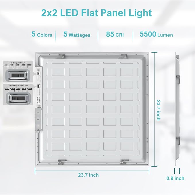 48Pack 2x2 LED Flat Panel Light,3000K-6500K & 5 Wattage Selectable | 50W 5500LM, 0-10V Dimmable, AC 120-277, Recessed 2x2 led drop ceiling light fixture for Office, Kitchen, Garage, School