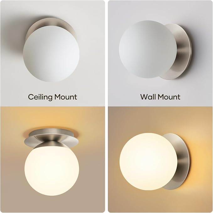 1 Pack Brushed Nickel Wall Sconce, Modern Bathroom Sconce with Milky Globe Glass, Wall Light for Bathroom Mirror, Living Room, Hallway (Bulb Not Included)