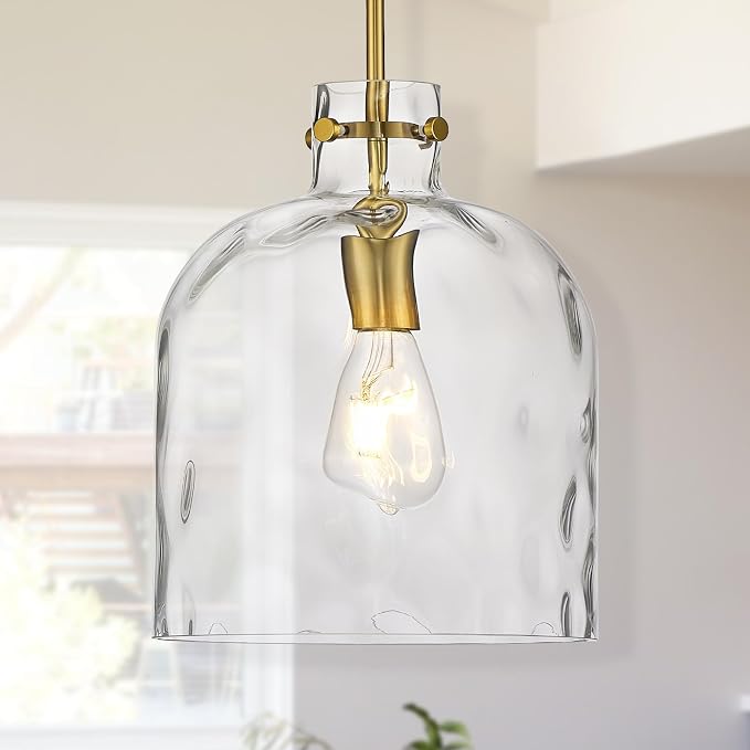 Modern Gold Pendant Light – 10" Dome Glass Hanging Light Fixture, Single E26 Pendant Lighting for Kitchen Island, Dining Room, Bedroom, Hallway, Adjustable Ceiling Lamp