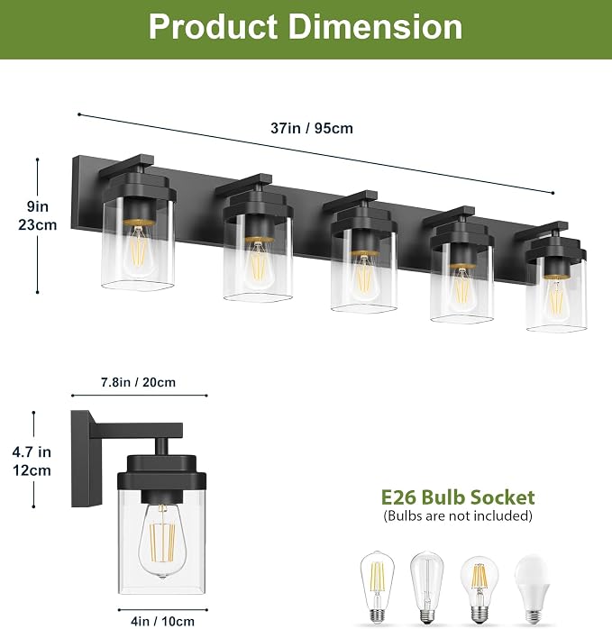 Black Bathroom Light Fixtures, 5 Lights Bathroom Lighting Fixtures Over Mirror, Square Design & Rectangle Large Backplate, Modern Vanity Lighting Fixtures, for Bathroom/Living Room/Bedroom