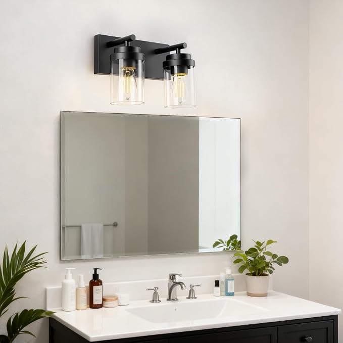 IZORRO Bathroom Vanity Light Fixture, 2-Light 15 Inch Matte Black Bathroom Light Fixtures Over Mirror, with Clear Glass Shade, Modern Farmhouse Vanity Lights, Rustic Restroom Lighting Fixtures