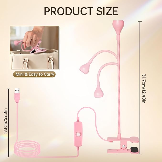 AORAEM LED Nail Lamps 3W Flexible Gooseneck Lamp Quicky Dry Nail Manicure Dryer Gel Polish Curing Light Plug Play Portable Flash Cure Light for Gel Nails Home DIY Professional Nail Tools Pink