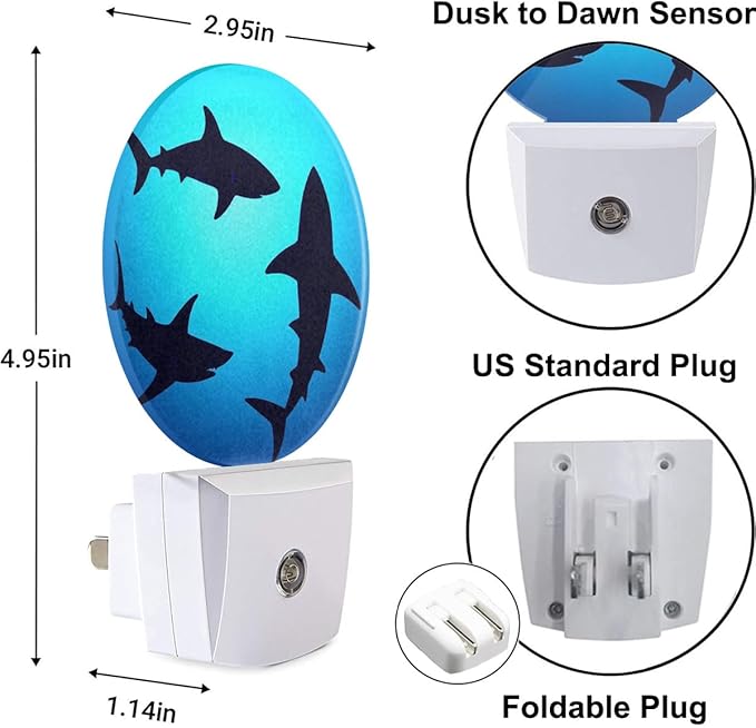 Plug-in Floating Sharks Night Light Ocean Blue Nightlight with Dusk to Dawn Sensor, Auto On/Off 0.5W Energy-Saving LED Lighting for Men Women Boys Girls Gift