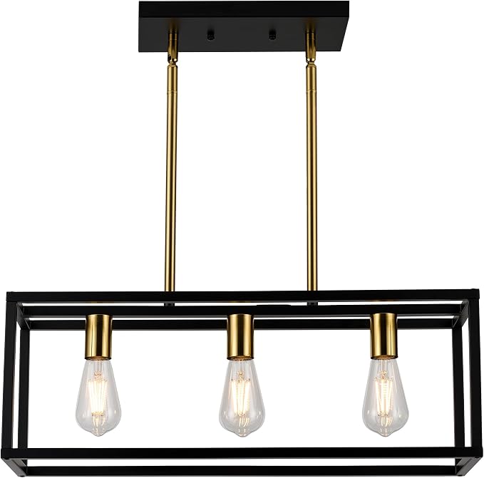 Farmhouse Kitchen Island Lighting, Modern Industrial Chandelier, 3-Light Black&Brushed Brass Linear Rectangular Pendant Light Fixtures for Farmhouse Kitchen Dining Room Bar Foyer