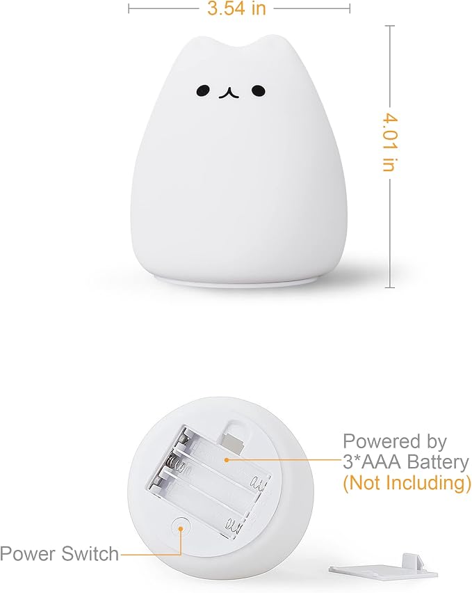 LED Night Light, Battery Powered Kids' Lamp, Silicone Multicolor Cute Cat with Warm White & 7-Color Breathing Mode for Kids & Babies