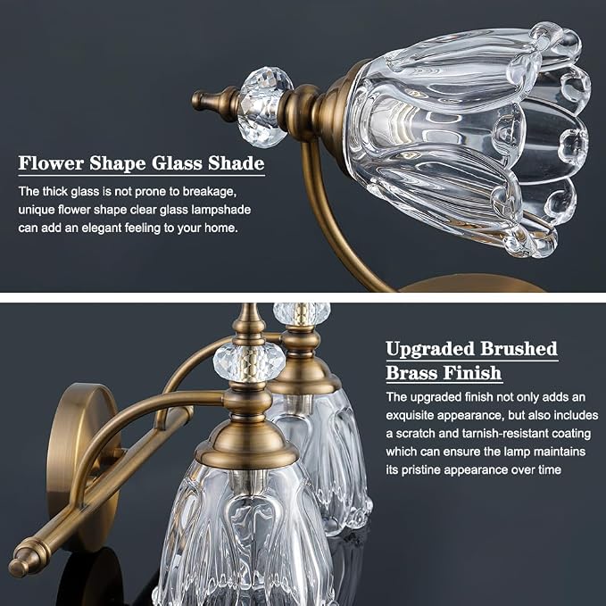 Brass Vanity Light, Vintage Brushed Gold Bathroom Light Fixtures, 2 Light Bathroom Vanity Lights, Flower Glass Shade Wall Sconce Lighting