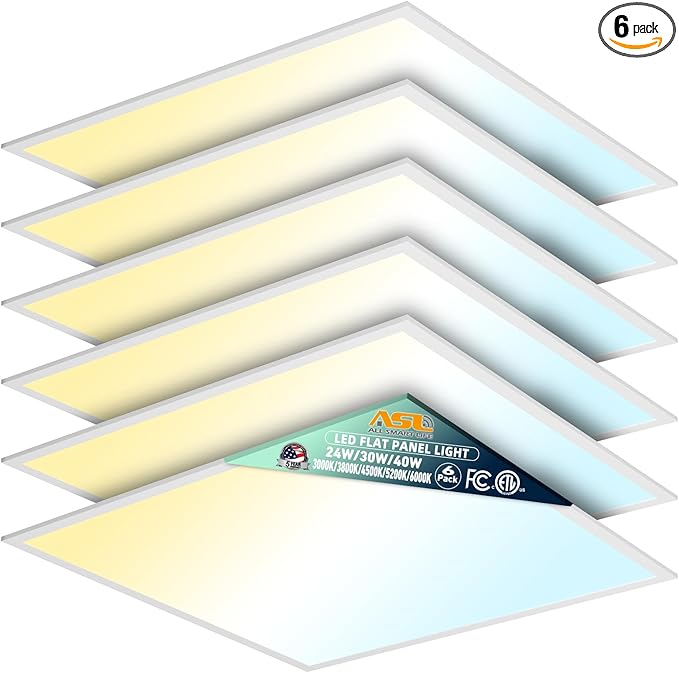 Allsmartlife 2x2 LED Flat Panel Light 6-Pack, Dimmable, 5CCT Options (3000K-6000K), 24W/30W/40W, Back-Lit 2x2FT LED Troffer Light Drop Ceiling for Commercial Office, ETL