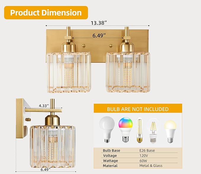 3 Lights Brushed Gold Crystal Bathroom Vanity Light,Modern Bathroom Wall Light,Crystal Over Mirror Light Fixtures for Living Room, Bedroom, Hallway