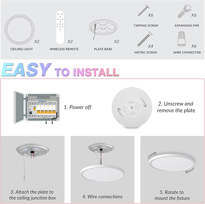 2 Pack Smart RGB LED Ceiling Light with Remote, 12" WiFi Flush Mount Ceiling Light Works with Alexa & Google Home, 24W=2400LM Dimmable, DIY Colors & 2700K-6500K, for Bedroom Living Room