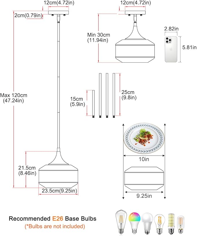 Modern Chrome Pendant Lights Kitchen Island, 9 Inch Smoke Grey Glass Pendant Light with Adjustable Hanging Rod, E26 Socket, for Kitchen Island Lighting, Bathroom, Hallway & Entryway Home Decor