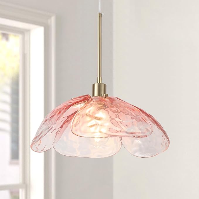 Pink Hammered Glass Pendant Light - 14" Large Vintage Pendant Light, Modern Industrial Farmhouse Hanging Lamp Ceiling Lighting Fixture for Island Dining Room Foyer Hallway Bar Cafe Kitchen Sink