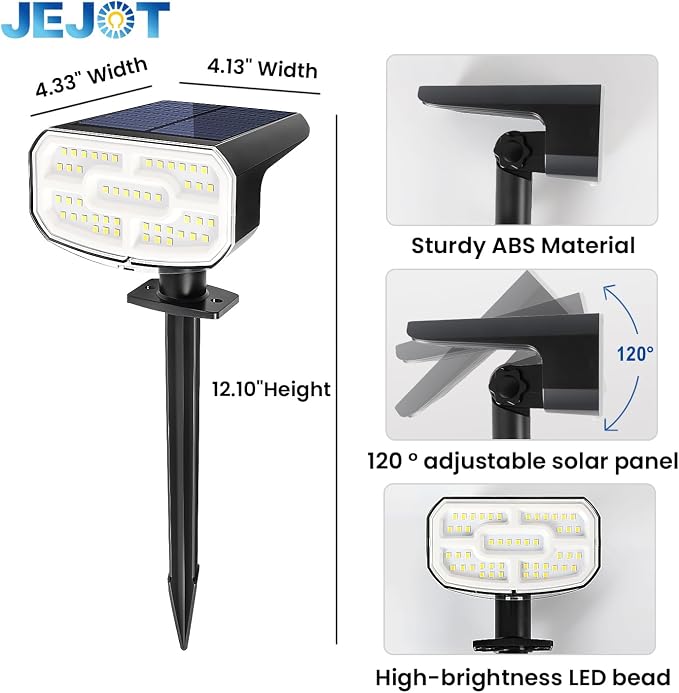 JEJOT Solar Lights Outdoor Waterproof IP65, Super Bright LED with Lens, 6500K 2 Lighting Modes, Solar Powered Yard Garden Solar Spot Lights for Outside Landscape Auto On/Off - 6 Pack