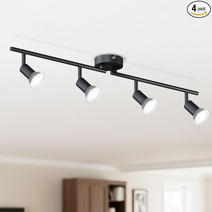 LVWIT 4-Light Track Lighting Fixtures Ceiling with Flexibly Rotatable Head, Modern Black Track Lighting Kit, Ceiling Spotlights for Kitchen, Living Room, Bedroom (GU10 Socket, Bulbs not Included)