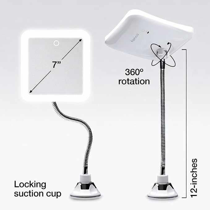 Fancii 10x Flexible Magnifying Mirror with 3 LED Light Settings, Rechargeable - Gooseneck Lighted Makeup Mirror for Bathroom, Locking Suction Mount, Cordless, 360° Rotatable (Mira 2 Plus)