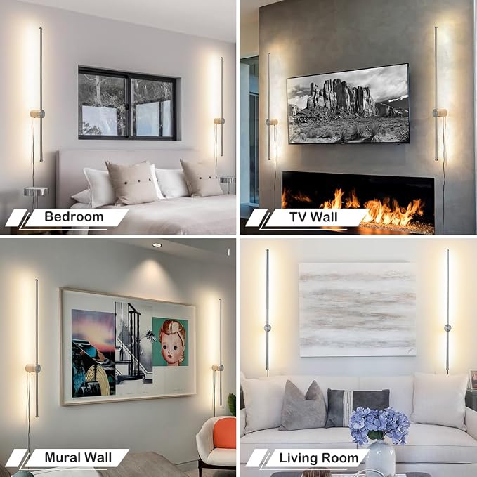 Brush Nickel Plug in wall Sconces Set of Two, Modern LED Wall Lamp with Remote Control, 3 CCT 3000K-5000K Dimmable, Plug in Wall Light with Timer, 39.4 Inches Wall Sconces with Memory Function