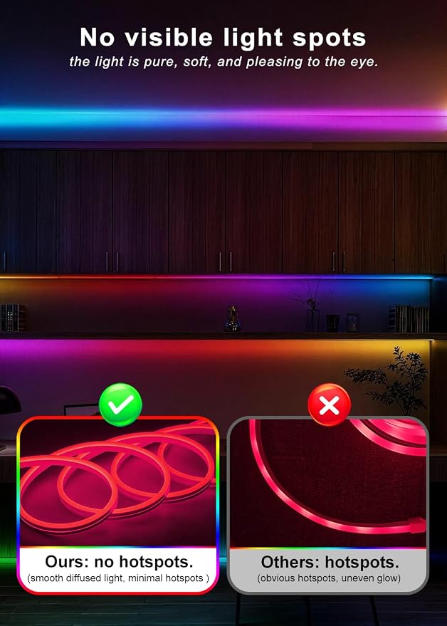 32.8FT RGB+IC LED Neon Rope Light Strip with Remote | Multiple Modes,5v USB Powered,Music Sync,For Living Room,Bedroom, Party & Holiday Decoration