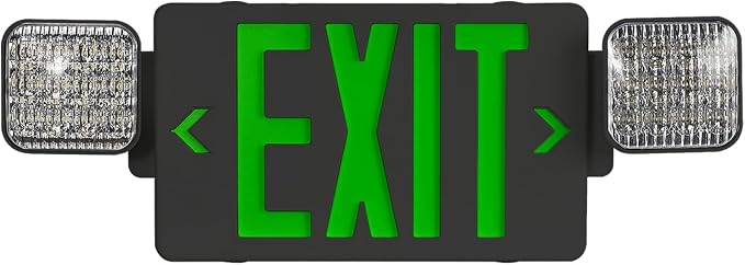 Black Green LED Exit Sign Emergency Light Combo, UL Listed Battery Backup | UL-listed commercial fire exit sign features 90-min battery backup, 360° rotating dual heads, and easy dual-mount setup.