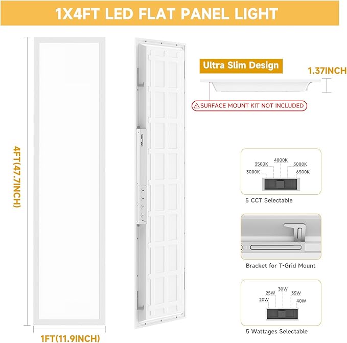 6 Pack 1x4 LED Flat Panel Light Drop Ceiling Office Fixture,Surface Mount Drop Ceiling Fixture,5040LM, 20W/25W/30W/35W/40W Selectable,3000K/3500K/4000K/5000K/6500K 5CCT,Dimmable (0-10V),ETL Listed