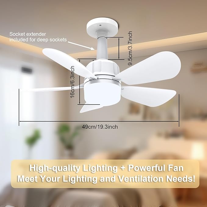 2Pack Socket Fan Light With Remote, Screw in Ceiling Fans with Dimmable Light, 3 Colors 3000K-6500K,Smart Ceiling Fan Light Kit Bulb for Bedroom Living Room Kitchen Garage Dinning Room