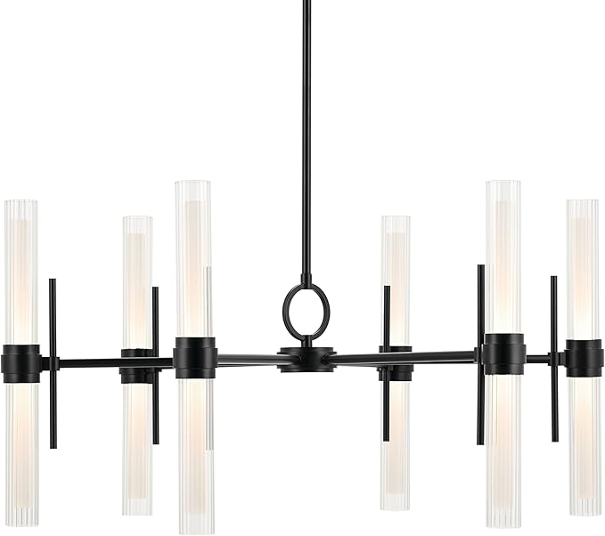 Kichler Riven LED 12-Light Chandelier with Clear Fluted Glass in Black, Sloped Ceiling Compatible, for Kitchen or Dining Room (17" x 33"), 52752BKLED