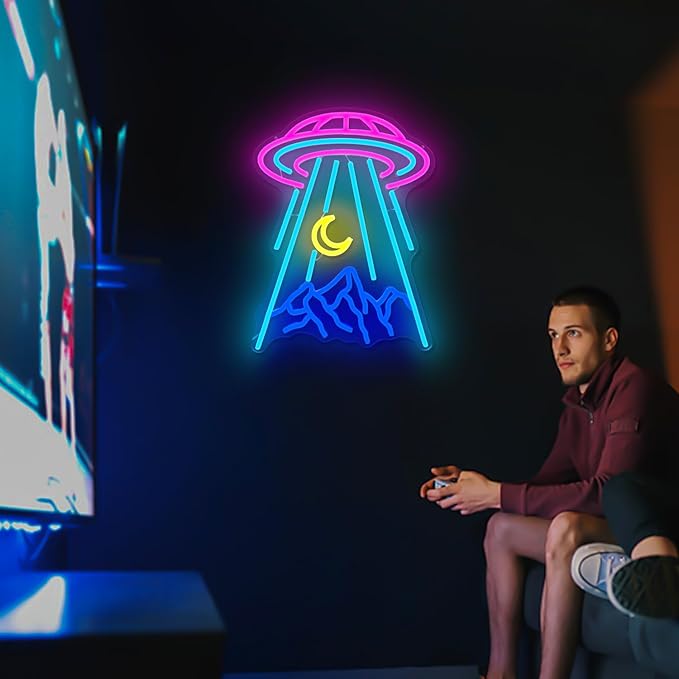 UFO Neon Sign for Wall Decor Alien Spaceship Mountain Neon Sign Dimmable Moon LED Neon Light Signs Light Up Sign for Bedroom Kids Space Game Room Decor Beer Bar Nightclub Shop Gift