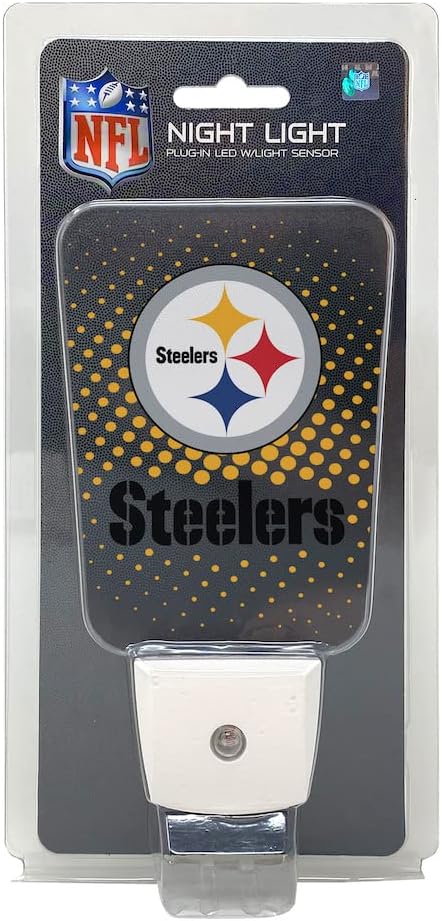 Party Animal NFL Team LED Night Light, with Auto Sensor and 3 Light Settings, Slim 5-Inch Design fits Standard Outlets, Pittsburgh Steelers