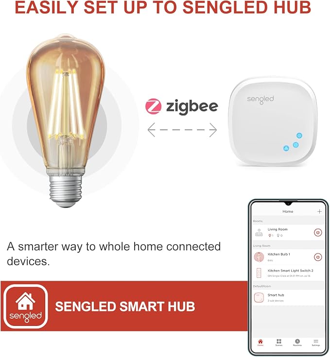 Sengled Zigbee Edison Bulb, Smart Hub Required, Work with SmartThings and Echo with Built-in Hub, Dimmable Filament ST19 LED Smart Vintage Edison Bulb, Voice Activated with Alexa, 2000K/60W Eqv. 2PK