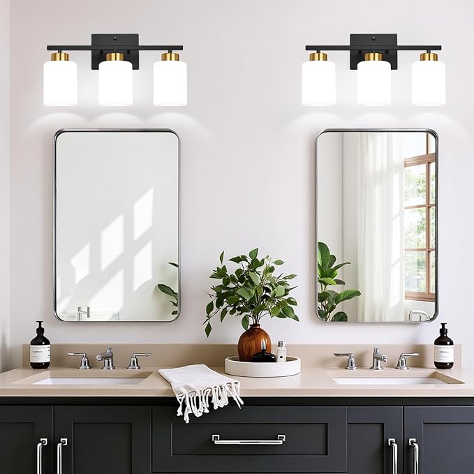 Black and Gold Bathroom Vanity Light Fixtures, 3-Light Modern Bathroom Wall Light with Frosted White Glass Shades, Vanity Light Over Mirror, E26 Base, Bathroom Lighting for Mirror (Bulbs Not Included)