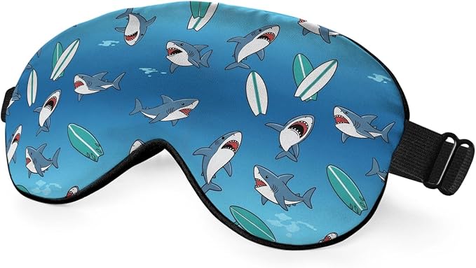 Blue Sharks Sleep Mask Eye Mask Ocean Sea Animal Fish Marine Funny Cute Wildlife Surfboard Sleep Mask Light Blocking Adjustable Smooth Soft for Women Deep Rest Travel